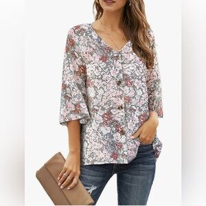 NWOT GOSOPIN Women Chiffon Casual V Neck 3/4 Bell Sleeve Shirt